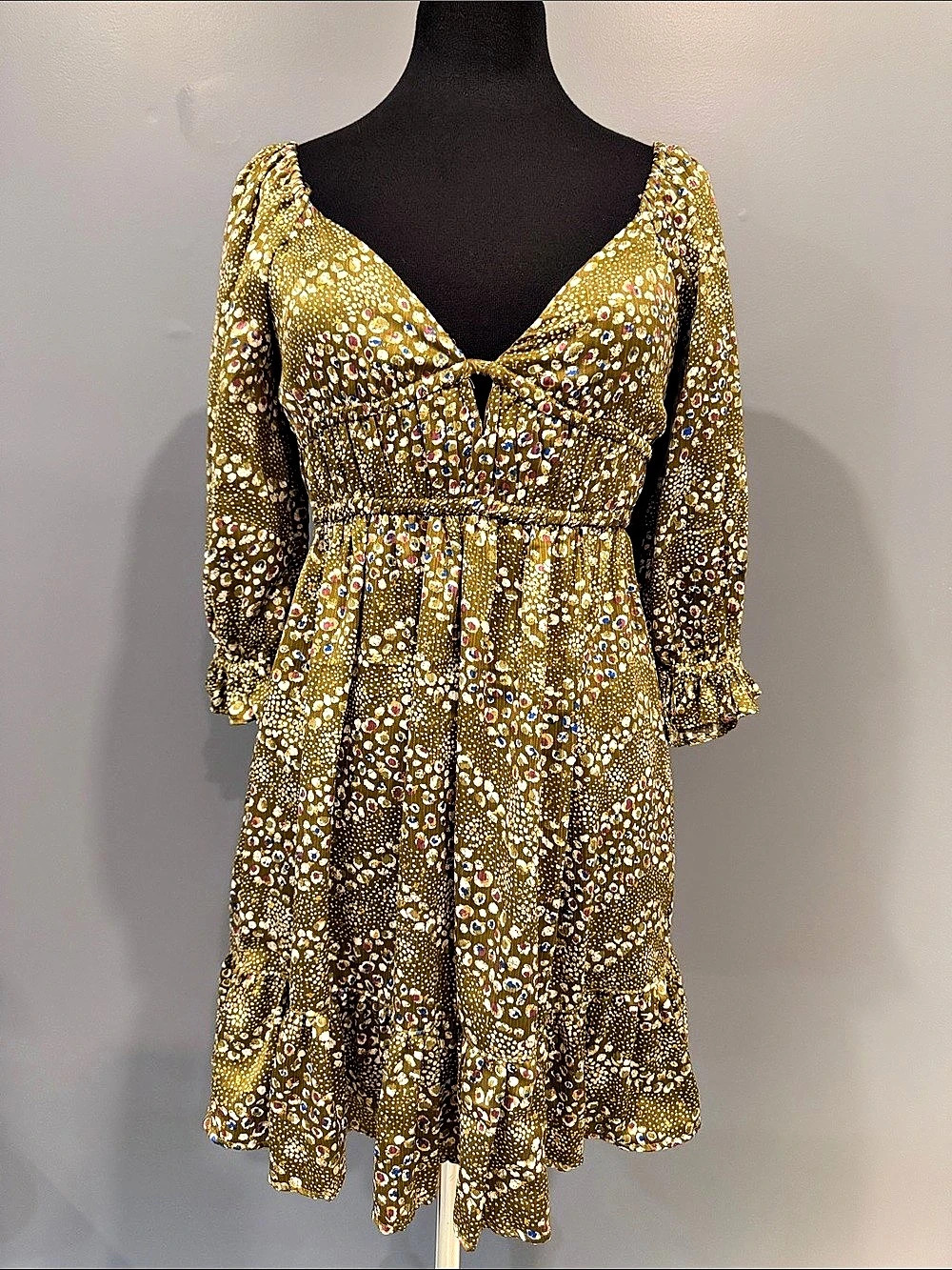 ANGIE Floral Mini Dress in Green & Gold Like New